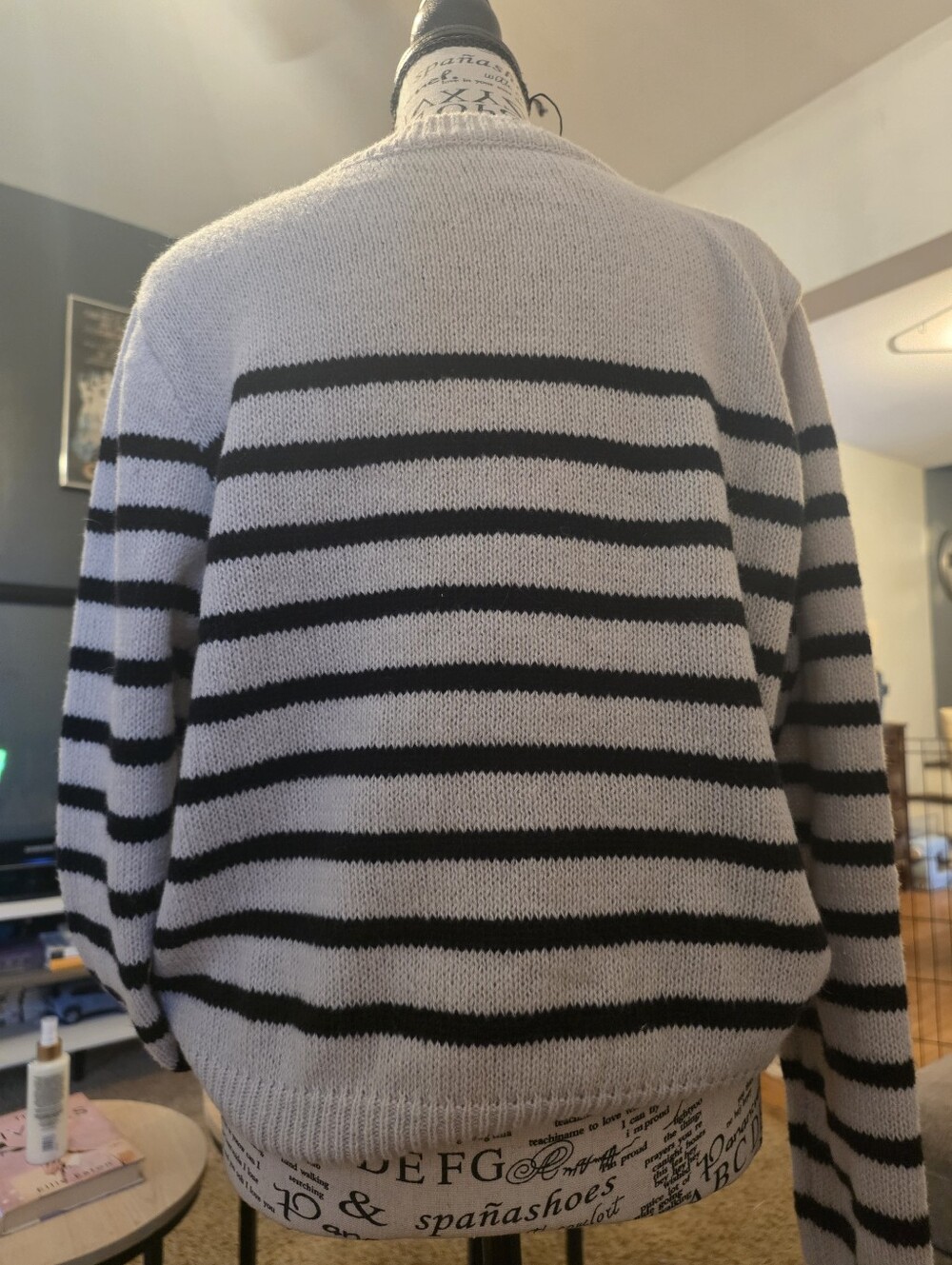 Gold-Button Striped Crewneck Cardigan - Light Gray & Black - Picture 7 of 12